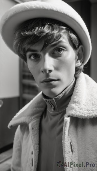 solo,looking at viewer,short hair,1boy,hat,closed mouth,jacket,monochrome,upper body,greyscale,male focus,open clothes,signature,blurry,lips,coat,fur trim,blurry background,turtleneck,web address,realistic,nose,stud earrings,fur hat,pompadour,bangs,shirt,depth of field