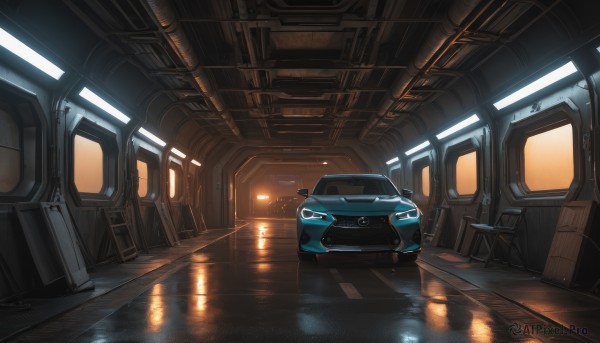 A calm rainy scenery highlighting a motor vehicle