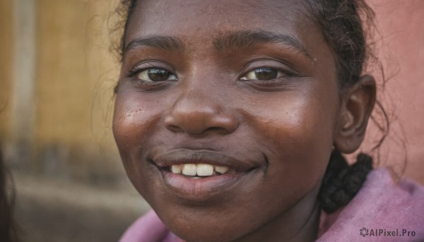 1girl,solo,looking at viewer,smile,brown hair,black hair,brown eyes,braid,teeth,dark skin,grin,blurry,black eyes,dark-skinned female,lips,depth of field,blurry background,child,portrait,freckles,realistic,female child,very dark skin,1boy,male focus,dark-skinned male,close-up,meme