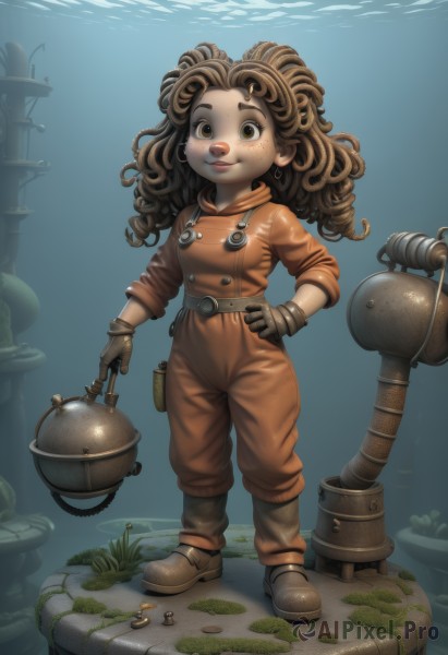 1girl,solo,long hair,looking at viewer,smile,brown hair,gloves,brown eyes,jewelry,standing,full body,earrings,boots,belt,water,lips,hand on hip,brown gloves,freckles,curly hair,pouch,underwater,overalls,jumpsuit,breasts,holding,shoes,hood,buttons,brown footwear,child,bubble,nose