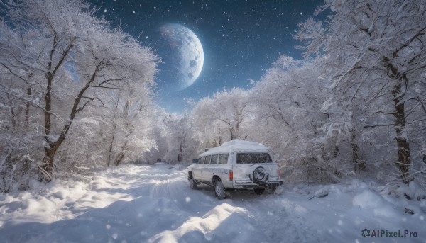 outdoors, sky, tree, no humans, night, moon, ground vehicle, star (sky), night sky, scenery, motor vehicle, snow, full moon, starry sky, snowing, car, road, winter, vehicle focus, bare tree