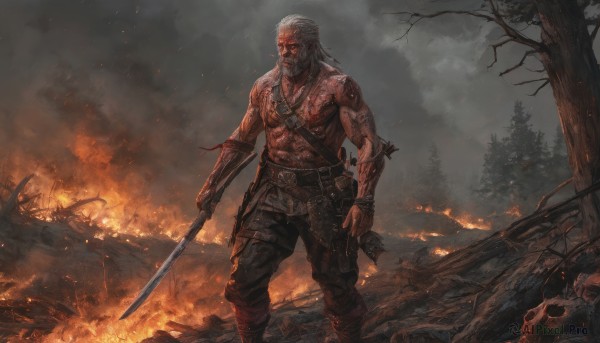 solo,1boy,holding,jewelry,standing,weapon,white hair,grey hair,male focus,boots,outdoors,belt,pants,sword,necklace,holding weapon,tree,blood,tattoo,muscular,facial hair,scar,bandages,holding sword,black pants,abs,katana,fire,knife,muscular male,beard,topless male,skull,arm tattoo,embers,closed mouth,sky,cloud,armor,glowing,cloudy sky,sheath,nature,scar on face,forest,smoke,dual wielding,veins,scar across eye,branch,dagger,scabbard,brown pants,old,old man,bare tree,burning