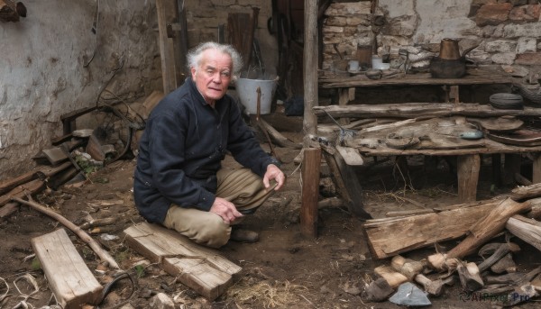 solo,looking at viewer,smile,short hair,shirt,long sleeves,1boy,sitting,full body,white hair,grey hair,male focus,pants,indoors,grey eyes,black shirt,facial hair,scar,beard,scar on face,realistic,mustache,indian style,brown pants,ruins,old,dirty,broken,old man,wrinkled skin,holding,jacket,boots,signature,smoke,cigarette,jumpsuit,wood