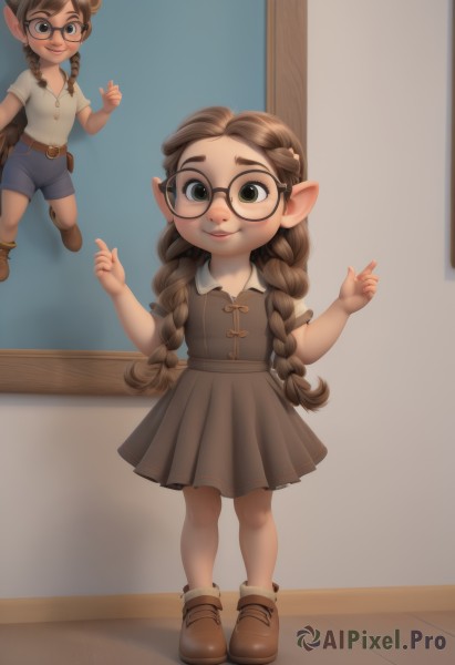 1girl,long hair,looking at viewer,blush,smile,open mouth,multiple girls,brown hair,shirt,dress,2girls,twintails,closed mouth,green eyes,standing,full body,braid,short sleeves,boots,shoes,glasses,shorts,pointy ears,belt,indoors,twin braids,brown footwear,thick eyebrows,child,freckles,black-framed eyewear,round eyewear,female child,brown belt,brown dress,brown-framed eyewear,bangs,skirt,hair ornament,bow,white shirt,hair bow,artist name,flat chest,lips,hands up,multiple views,aged down,hair over shoulder,wooden floor,w arms