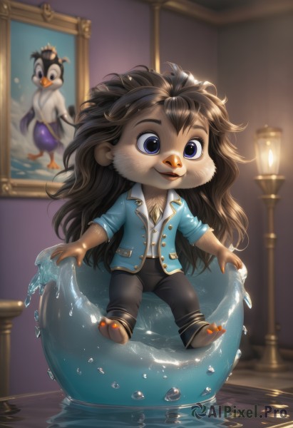 1girl,solo,long hair,smile,open mouth,blue eyes,brown hair,shirt,black hair,1boy,sitting,jacket,male focus,barefoot,pants,artist name,water,blurry,blurry background,bird,animal,black pants,crown,furry,lamp,furry male,penguin,looking at viewer,animal ears,very long hair,chibi,nail polish,splashing,picture frame