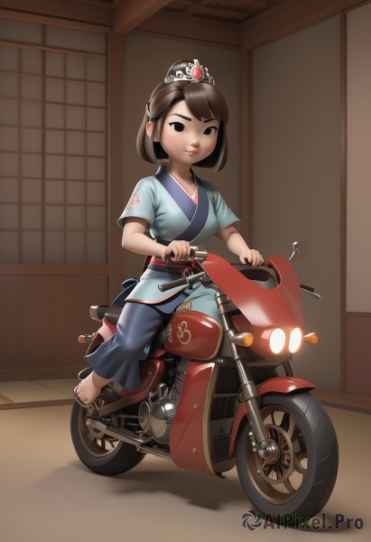 1girl,solo,breasts,looking at viewer,short hair,bangs,brown hair,hair ornament,sitting,full body,short sleeves,japanese clothes,barefoot,pants,indoors,kimono,black eyes,lips,toes,sandals,tiara,ground vehicle,motor vehicle,riding,sliding doors,motorcycle,shouji,scooter,black hair,closed mouth,feet,sash,child,blue kimono,female child