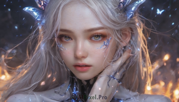 1girl, solo, long hair, looking at viewer, blue eyes, hair ornament, jewelry, white hair, parted lips, blurry, lips, eyelashes, blurry background, ring, bug, butterfly, portrait, hand on own face, realistic