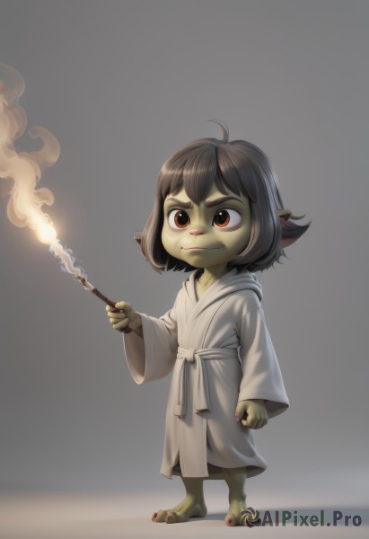 1girl,solo,smile,short hair,simple background,brown hair,black hair,red eyes,long sleeves,holding,brown eyes,closed mouth,standing,full body,ahoge,barefoot,pointy ears,grey background,colored skin,fire,child,smoke,robe,female child,green skin,stick,white robe,fewer digits,holding stick,goblin,male focus,no humans,wand