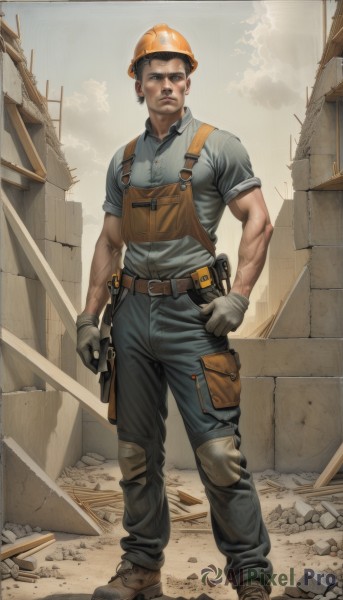 solo,looking at viewer,shirt,black hair,gloves,1boy,holding,closed mouth,standing,full body,weapon,short sleeves,male focus,boots,outdoors,sky,collared shirt,belt,pants,cloud,black eyes,gun,muscular,brown footwear,helmet,muscular male,building,grey shirt,pouch,realistic,knee pads,manly,ruins,dirty,grey gloves,rubble,walkie-talkie,hardhat,brown hair,overalls