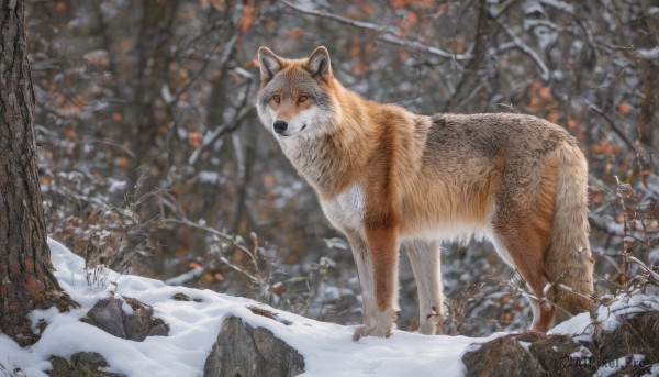 looking at viewer, outdoors, blurry, tree, no humans, animal, nature, snow, dog, realistic, animal focus, winter, bare tree