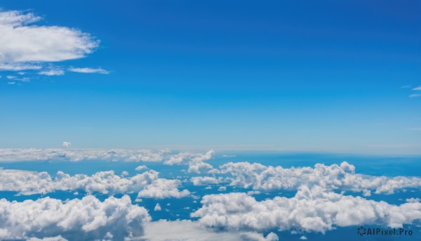 monochrome,outdoors,sky,day,cloud,water,blue sky,no humans,ocean,cloudy sky,scenery,blue theme,horizon,above clouds,signature