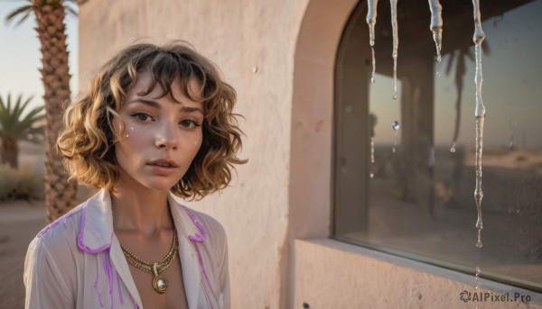 1girl,solo,looking at viewer,short hair,bangs,brown hair,shirt,black hair,brown eyes,jewelry,collarbone,white shirt,upper body,earrings,parted lips,open clothes,teeth,day,collared shirt,indoors,dark skin,water,necklace,blurry,dark-skinned female,tree,lips,wet,see-through,eyelashes,open shirt,depth of field,blurry background,wavy hair,plant,messy hair,wet clothes,pendant,freckles,curly hair,water drop,realistic,nose,palm tree,wet shirt,wet hair,breasts,cleavage,outdoors