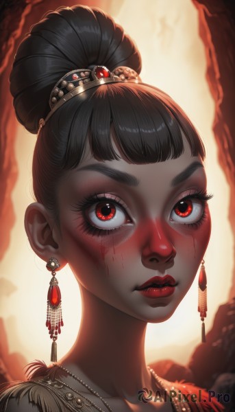 1girl,solo,looking at viewer,short hair,bangs,black hair,hair ornament,red eyes,jewelry,closed mouth,collarbone,earrings,artist name,tears,dark skin,blunt bangs,necklace,hair bun,dark-skinned female,lips,eyelashes,blood,makeup,scar,single hair bun,tiara,feathers,lipstick,gem,portrait,eyeshadow,backlighting,nose,red lips,eyeliner,mascara,blush,blurry,watermark,tassel,close-up,beads,blood on face,facepaint,gold,red gemstone,eye focus