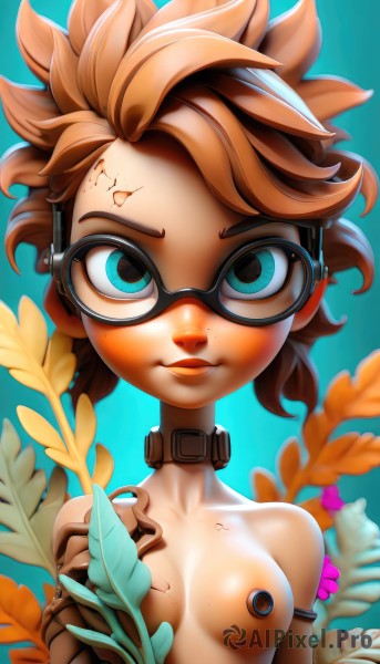 1girl,solo,breasts,looking at viewer,smile,short hair,blue eyes,brown hair,nipples,collarbone,upper body,flower,nude,small breasts,parted lips,glasses,collar,aqua eyes,lips,blue background,goggles,freckles,joints,mechanical arms,cyborg,single mechanical arm,prosthesis,prosthetic arm,mechanical parts,mechanical hands,body freckles,medium breasts,orange hair,leaf,piercing,android,robot joints