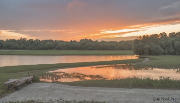 outdoors,sky,cloud,water,tree,no humans,cloudy sky,grass,ground vehicle,nature,scenery,motor vehicle,forest,sunset,car,road,river,evening,landscape,orange sky,hill,bush,field