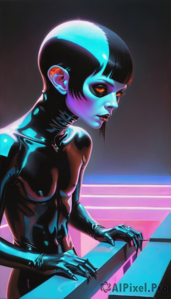 1girl,solo,breasts,short hair,bangs,black hair,gloves,nipples,small breasts,blunt bangs,covered nipples,lips,orange eyes,bodysuit,makeup,colored skin,turtleneck,lipstick,skin tight,science fiction,nose,blue skin,black bodysuit,very short hair,latex,cyberpunk,latex bodysuit,looking at viewer,piercing,colored sclera,black sclera,nipple piercing,cyborg