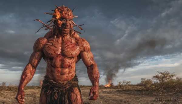 solo,looking at viewer,1boy,standing,male focus,cowboy shot,outdoors,sky,teeth,cloud,tree,blood,muscular,abs,cloudy sky,fire,muscular male,topless male,monster,loincloth,burning,navel,no humans,facing viewer,smoke