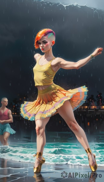 1girl,breasts,short hair,skirt,shirt,1boy,navel,bare shoulders,jewelry,standing,full body,pink hair,multicolored hair,pleated skirt,earrings,small breasts,outdoors,sky,solo focus,midriff,cloud,water,orange hair,high heels,bracelet,lips,wet,makeup,muscular,night,watermark,crossed arms,tank top,lipstick,wet clothes,web address,eyeshadow,personification,rain,nose,anklet,eyeliner,dancing,very short hair,yellow skirt,ballet slippers,tutu,clown,red hair,shorts,two-tone hair,crop top,ocean,cheerleader,bald,mohawk