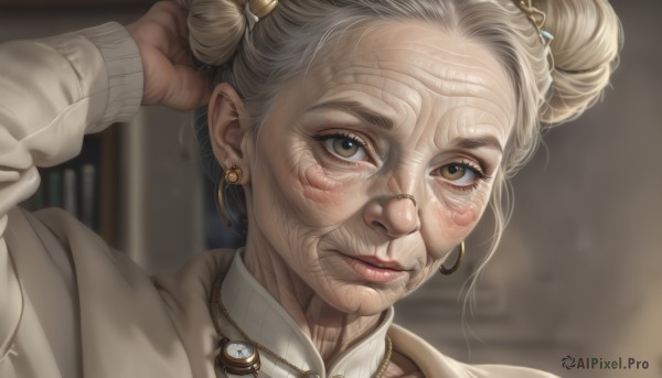 1girl,solo,looking at viewer,blonde hair,brown eyes,jewelry,closed mouth,grey hair,earrings,glasses,indoors,necklace,hair bun,blurry,arm up,sweater,lips,double bun,blurry background,portrait,freckles,watch,hoop earrings,realistic,nose,wristwatch,old,old woman,wrinkled skin,long sleeves,artist name,signature,makeup,piercing,close-up,arm behind head