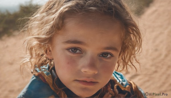 1girl,solo,looking at viewer,short hair,blonde hair,brown hair,brown eyes,closed mouth,hairband,outdoors,day,armor,blurry,lips,depth of field,blurry background,expressionless,wind,messy hair,portrait,close-up,forehead,freckles,realistic,nose,scarf,dirty