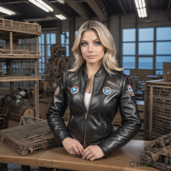 1girl,solo,long hair,breasts,looking at viewer,smile,blue eyes,blonde hair,shirt,long sleeves,closed mouth,jacket,white shirt,upper body,indoors,blurry,lips,black jacket,window,table,ground vehicle,zipper,realistic,nose,basket,unzipped,leather,leather jacket,american flag,patch,cleavage,medium breasts,open clothes,signature,science fiction,badge