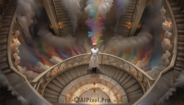 solo,short hair,long sleeves,1boy,hat,standing,male focus,cloud,from behind,coat,scenery,smoke,clock,white coat,wide shot,1girl,brown hair,dress,red hair,apron,from above,steam,stairs,gears,surreal