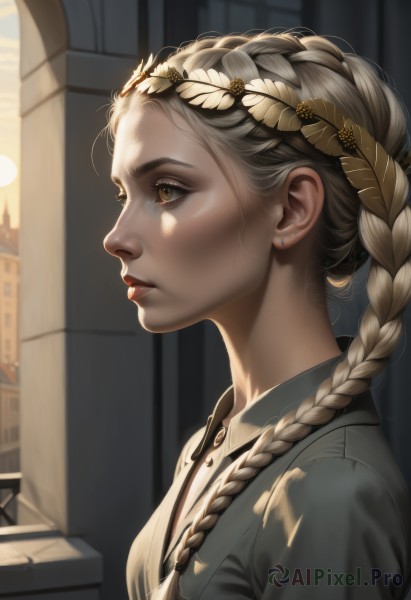 1girl,solo,long hair,blonde hair,brown eyes,jewelry,closed mouth,upper body,braid,earrings,outdoors,artist name,blurry,twin braids,from side,lips,eyelashes,profile,blurry background,looking away,sunlight,building,hair over shoulder,freckles,realistic,nose,stud earrings,looking afar,head wreath,laurel crown,multiple braids,shirt,hair ornament,yellow eyes,parted lips,day,collared shirt,red lips,light,hair behind ear,shade