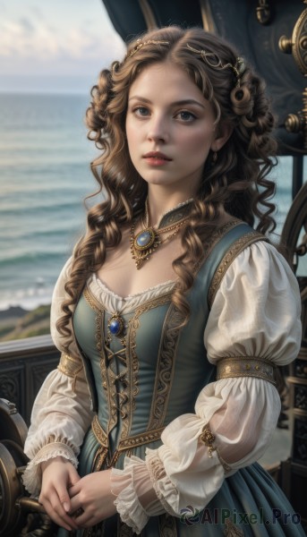 1girl,solo,long hair,breasts,looking at viewer,blue eyes,brown hair,hair ornament,long sleeves,dress,cleavage,jewelry,upper body,earrings,small breasts,outdoors,parted lips,sky,day,puffy sleeves,cloud,water,necklace,blurry,lips,grey eyes,blurry background,blue dress,ocean,wavy hair,juliet sleeves,brooch,gem,corset,puffy long sleeves,freckles,curly hair,green dress,realistic,nose,watercraft,ship,bangs,brown eyes,medium breasts,braid,teeth,fingernails,see-through,watermark,ring,own hands together,looking up,lace trim,lace