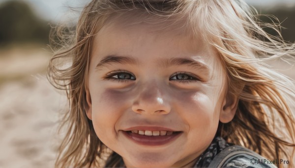 1girl,solo,long hair,looking at viewer,smile,open mouth,blue eyes,blonde hair,brown hair,outdoors,teeth,armor,grin,blurry,lips,grey eyes,depth of field,blurry background,messy hair,portrait,close-up,freckles,realistic,dirty,:d,half-closed eyes,meme