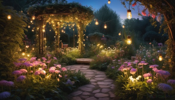 flower,outdoors,sky,tree,no humans,night,grass,plant,star (sky),nature,night sky,scenery,forest,lantern,stairs,fantasy,road,bush,torii,mushroom,path,light,dark,vines,fireflies