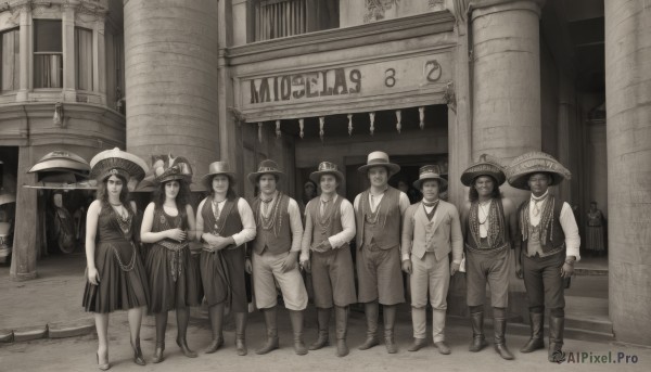 long hair,breasts,looking at viewer,smile,short hair,multiple girls,long sleeves,hat,dress,cleavage,bare shoulders,jewelry,medium breasts,standing,monochrome,weapon,greyscale,boots,multiple boys,sleeveless,pants,3girls,necklace,vest,facial hair,6+girls,rope,freckles,6+boys,straw hat,scythe,sepia,pillar,cowboy hat,4girls,umbrella,formal,sunglasses,suit,knife,realistic