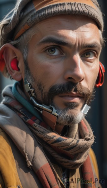 solo,looking at viewer,1boy,brown eyes,closed mouth,jacket,upper body,white hair,grey hair,male focus,scarf,blurry,headband,facial hair,portrait,beard,realistic,nose,mustache,manly,animification,old,old man,brown hair,black hair,hat,signature,vest,lips,blurry background,close-up,headset,earpiece