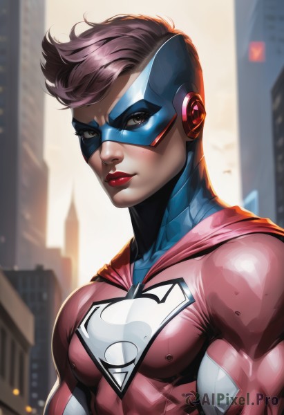 solo,looking at viewer,short hair,blue eyes,brown hair,1boy,brown eyes,closed mouth,upper body,male focus,outdoors,artist name,hood,cape,blurry,lips,bodysuit,makeup,mask,muscular,pectorals,lipstick,muscular male,building,skin tight,city,superhero,red bodysuit,domino mask,1girl,day,backlighting,red lips,cityscape,skyscraper,cover image