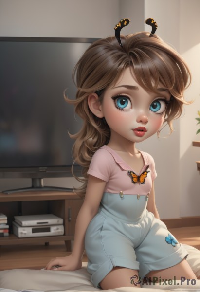 1girl,solo,long hair,looking at viewer,blush,blue eyes,brown hair,shirt,jewelry,sitting,ponytail,short sleeves,earrings,parted lips,indoors,flat chest,lips,book,bed,arm support,on bed,bug,butterfly,child,freckles,pink shirt,antennae,red lips,female child,stud earrings,overalls,blue overalls,overall shorts,breasts,bangs,collarbone,shorts,blurry,plant,nose,television