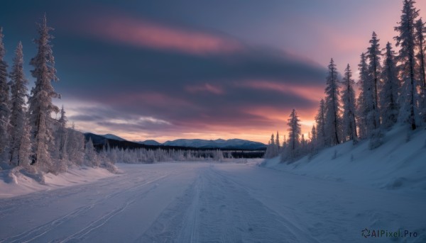 outdoors,sky,cloud,tree,blue sky,no humans,cloudy sky,nature,scenery,snow,forest,sunset,mountain,road,winter,bare tree,evening,landscape,mountainous horizon,gradient sky,pine tree,water,ice