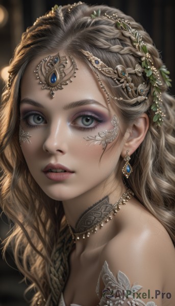 1girl,solo,long hair,breasts,looking at viewer,blonde hair,brown hair,hair ornament,cleavage,bare shoulders,jewelry,green eyes,collarbone,upper body,braid,earrings,parted lips,teeth,choker,necklace,blurry,lips,grey eyes,eyelashes,tattoo,makeup,blurry background,wavy hair,gem,portrait,close-up,eyeshadow,circlet,realistic,nose,eyeliner,arm tattoo,mascara,head chain,dress