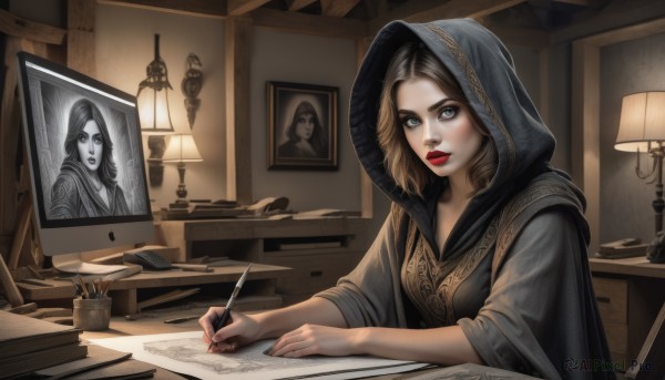 1girl,solo,looking at viewer,blue eyes,blonde hair,holding,sitting,upper body,multicolored hair,parted lips,indoors,hood,lips,book,makeup,chair,table,lipstick,cloak,desk,hood up,realistic,red lips,pen,lamp,photo (object),hooded cloak,drawing,quill,signature,parody,paper,computer,pencil,monitor,holding pen,writing,fine art parody