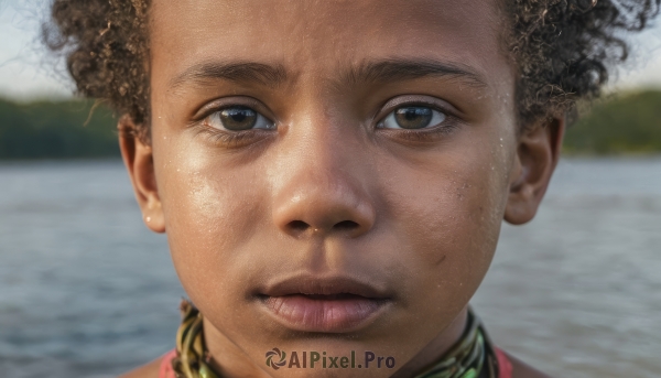 solo,looking at viewer,short hair,brown hair,black hair,1boy,brown eyes,closed mouth,male focus,outdoors,day,dark skin,water,blurry,lips,blurry background,dark-skinned male,portrait,close-up,reflection,realistic,nose,afro,1girl,curly hair