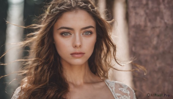 1girl,solo,long hair,looking at viewer,blue eyes,brown hair,dress,collarbone,upper body,parted lips,blurry,lips,grey eyes,eyelashes,blurry background,wavy hair,portrait,realistic,nose,arm up,depth of field,expressionless,freckles,pillar