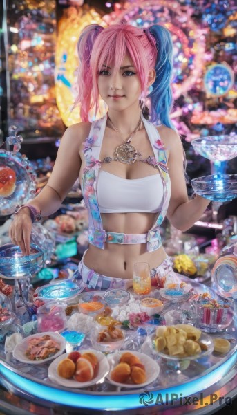 1girl,solo,long hair,breasts,looking at viewer,smile,bangs,blue eyes,skirt,navel,holding,cleavage,bare shoulders,twintails,jewelry,medium breasts,blue hair,collarbone,pink hair,multicolored hair,earrings,food,sleeveless,midriff,belt,necklace,stomach,blurry,vest,bracelet,two-tone hair,cup,lips,crop top,strapless,blurry background,table,plate,drinking glass,realistic,nose,bandeau,glass,tube top,lemon,lemon slice,large breasts,watermark,suspenders,web address,cake