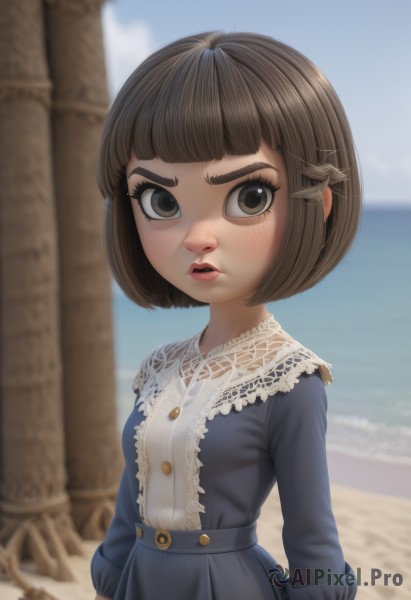 1girl,solo,breasts,looking at viewer,short hair,bangs,brown hair,shirt,long sleeves,dress,brown eyes,standing,upper body,small breasts,outdoors,frills,parted lips,sky,teeth,day,artist name,cloud,blunt bangs,water,blurry,blue sky,lips,blue skirt,eyelashes,buttons,depth of field,blurry background,blue dress,ocean,beach,bob cut,thick eyebrows,child,lace,freckles,nose,arms at sides,horizon,female child,hair ornament,watermark,web address,sand