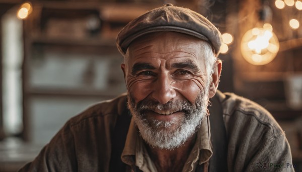 solo,looking at viewer,smile,shirt,1boy,hat,closed mouth,jacket,upper body,white hair,grey hair,male focus,collared shirt,indoors,blurry,depth of field,blurry background,facial hair,beret,portrait,beard,mature male,realistic,mustache,brown headwear,manly,old,old man,bar (place),wrinkled skin,striped,signature,vest,lips,grey eyes,scar,parody,vertical stripes,scar on face,brown jacket,striped shirt,nose,pinstripe pattern,light bulb,ceiling light