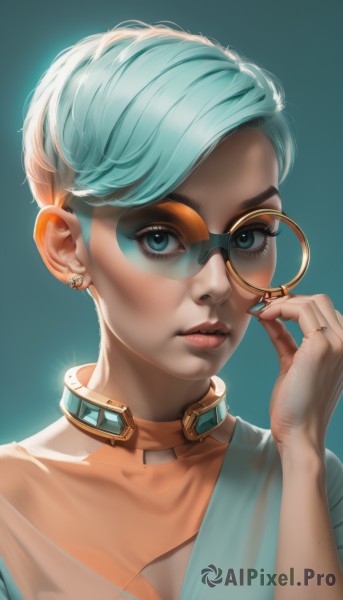 1girl,solo,looking at viewer,short hair,blue eyes,simple background,jewelry,blue hair,upper body,earrings,parted lips,glasses,choker,nail polish,collar,aqua eyes,lips,eyelashes,aqua hair,makeup,piercing,ring,lipstick,goggles,portrait,eyeshadow,freckles,realistic,nose,adjusting eyewear,very short hair,aqua background,mascara,breasts,bangs,cleavage,medium breasts,closed mouth,collarbone,artist name,hand up,fingernails,gradient,gradient background,swept bangs,blue background,pink lips,glint,eyeliner,aqua nails,yellow-framed eyewear