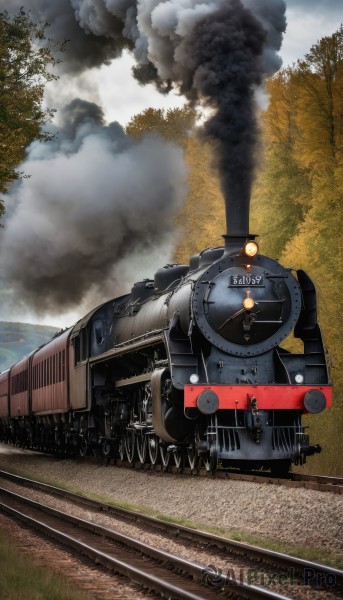 outdoors,sky,day,cloud,tree,military,no humans,grass,ground vehicle,nature,motor vehicle,forest,smoke,military vehicle,tank,vehicle focus,train,caterpillar tracks,world war ii,railroad tracks,multiple boys,scenery,science fiction,realistic,damaged,train station