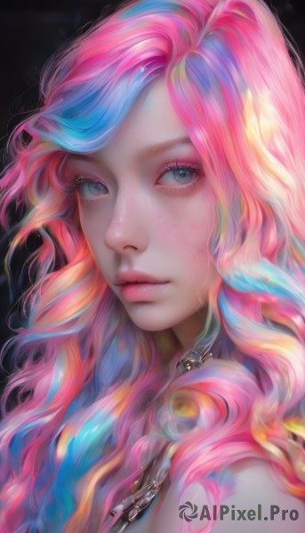 1girl,solo,long hair,looking at viewer,blue eyes,simple background,jewelry,closed mouth,blue hair,upper body,pink hair,multicolored hair,artist name,necklace,lips,streaked hair,grey eyes,eyelashes,makeup,wavy hair,black background,portrait,eyeshadow,personification,freckles,pink lips,realistic,nose,mascara,rainbow hair,bare shoulders,chain,watermark