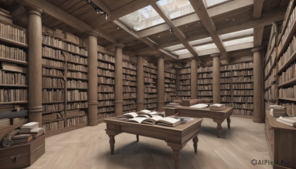 sky,day,indoors,book,no humans,window,shadow,chair,table,sunlight,scenery,desk,wooden floor,paper,open book,bookshelf,book stack,library,ladder,quill,voile,lamp,pillar