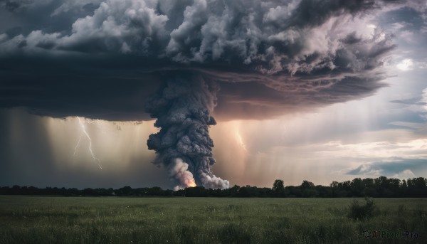 outdoors,sky,cloud,tree,no humans,sunlight,cloudy sky,grass,building,nature,scenery,monster,light rays,mountain,giant,lightning,landscape,science fiction,fantasy,electricity