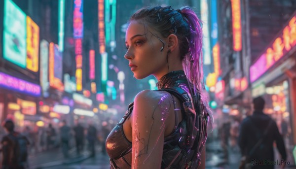 1girl, long hair, breasts, upper body, ponytail, purple hair, small breasts, solo focus, blurry, lips, tattoo, blurry background, freckles, science fiction, rain, city, realistic, android, cyborg, cyberpunk, neon lights