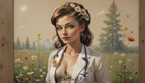 1girl,solo,long hair,breasts,looking at viewer,blue eyes,brown hair,hair ornament,dress,cleavage,jewelry,medium breasts,closed mouth,collarbone,jacket,upper body,flower,earrings,outdoors,parted lips,open clothes,sky,day,cloud,hair flower,medium hair,white dress,tree,lips,eyelashes,makeup,grass,bug,white flower,butterfly,nature,forest,freckles,mountain,realistic,yellow flower,labcoat,red lips,head wreath,field,stethoscope,daisy,scenery,lace trim,lace