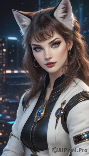 1girl,solo,long hair,breasts,looking at viewer,bangs,brown hair,shirt,animal ears,jewelry,medium breasts,green eyes,jacket,upper body,earrings,outdoors,open clothes,sky,artist name,cat ears,necklace,mole,blurry,lips,animal ear fluff,black shirt,eyelashes,makeup,night,blurry background,white jacket,lipstick,gem,night sky,zipper,freckles,hoop earrings,realistic,nose,red lips,city lights,smile,closed mouth,parted lips,open jacket,wolf ears,thick eyebrows,eyeshadow,city,eyeliner,mascara